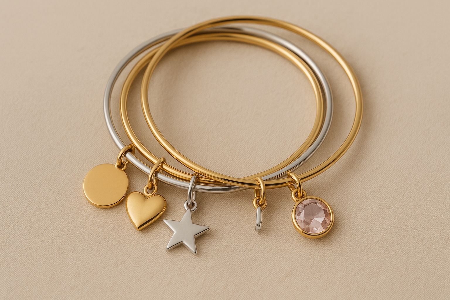Elegant flat lay of mixed metal bangle charm bracelet sets featuring gold, silver, and rose gold tones arranged stylishly on a soft background | Oria Jewel