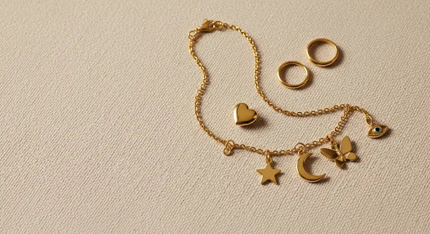 Gold-tone charm bracelet styled on textured fabric with symbolic pieces (heart, star, crescent moon, butterfly, and protective eye), plus simple rings—showing how fashion jewelry can reflect love, dreams, intuition, growth, and protection. | OriaJewel