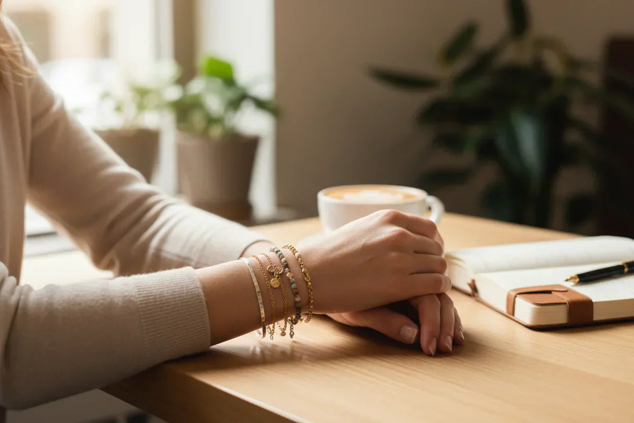 Woman in a cozy neutral sweater sitting at a café table, styling a delicate stack of gold and beaded bracelets while a notebook and latte sit nearby, showing an effortless everyday bracelet look | Oria Jewel