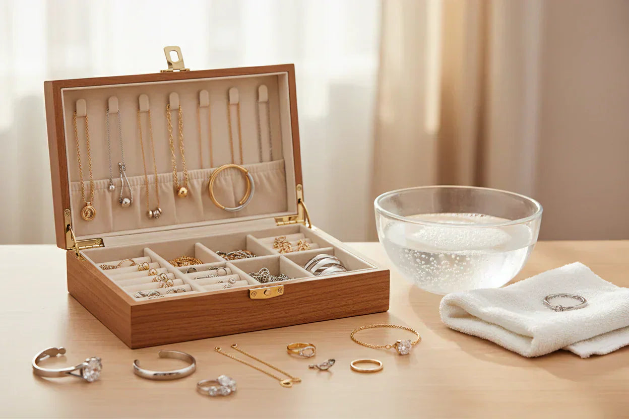 Open wooden jewelry box with neatly organized gold, silver, and stainless steel pieces beside a small bowl of bubbly cleaning solution and a folded white cloth on a bright vanity, showing how to clean and safely store favorite accessories | Oria Jewel