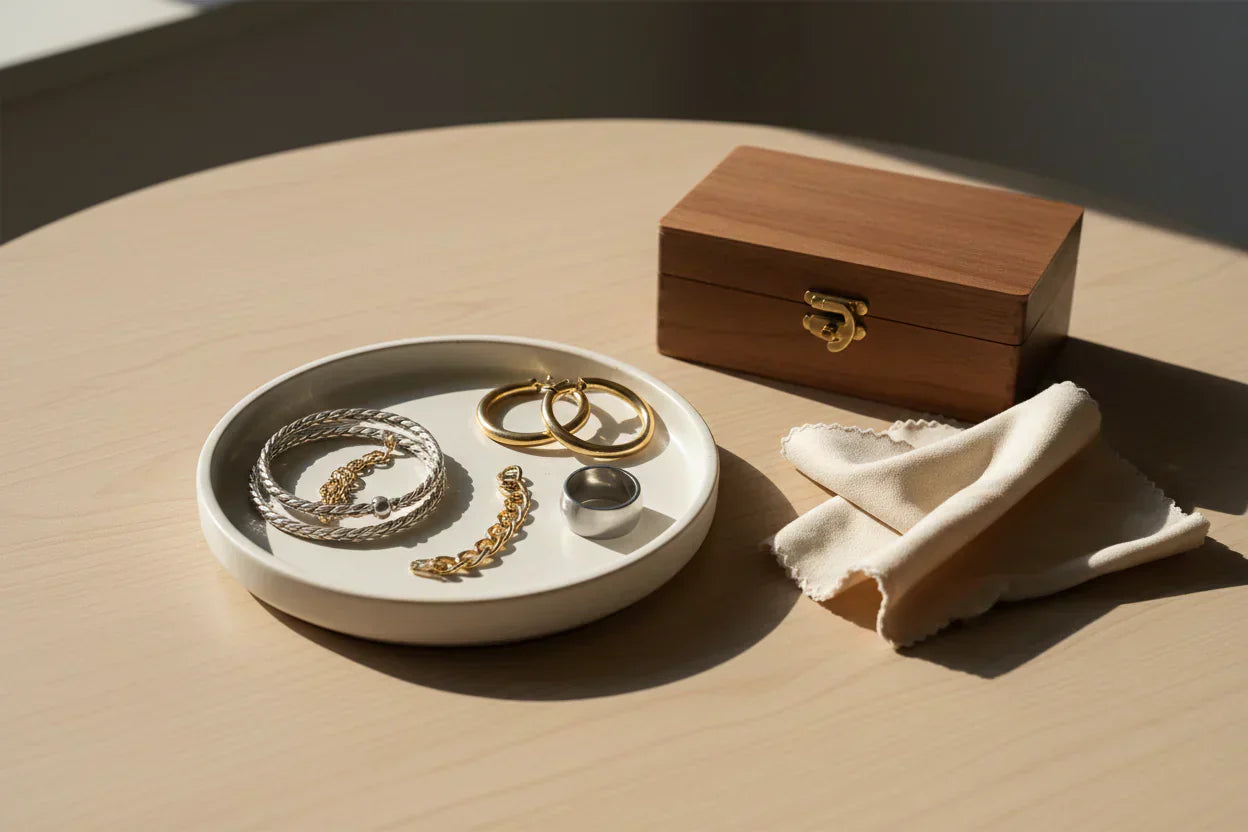 Neatly arranged mixed metal jewelry on a ceramic tray with a silver ring, gold bracelets, wooden box, and soft polishing cloth, showing how to protect different jewelry metals from scratches and tarnish | Oria Jewel