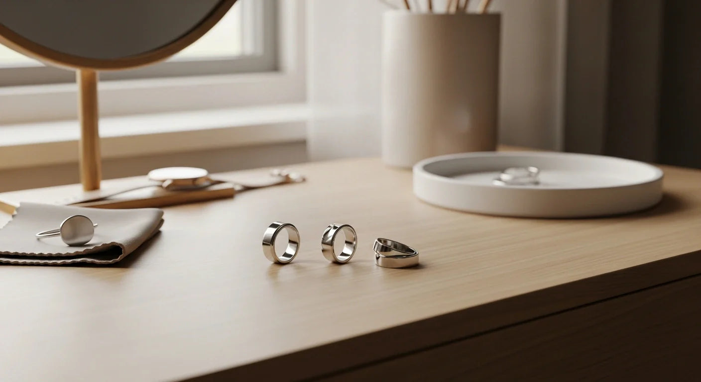 Three stainless steel rings styled on a wooden vanity table near a mirror and jewelry tray (two wide bands and a signet-style ring), showing easy everyday options for a clean, modern look. | OriaJewel
