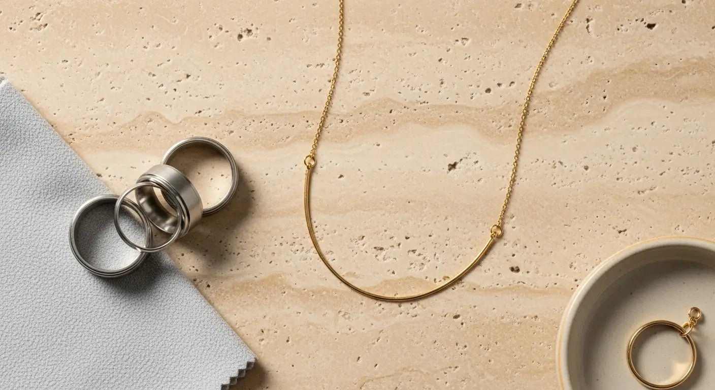 Flat lay comparing stainless steel rings (stacked silver-toned bands) with a delicate gold chain necklace on a warm stone surface, showing the clean minimalist contrast between cool metal rings and warm gold styling. | OriaJewel