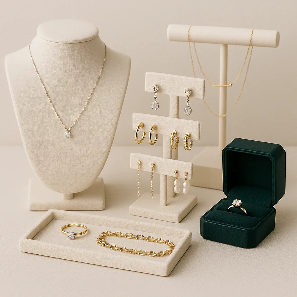 Oria Jewel Collection featuring elegant earrings, necklaces, rings, and bracelets displayed on neutral background | Oria Jewel