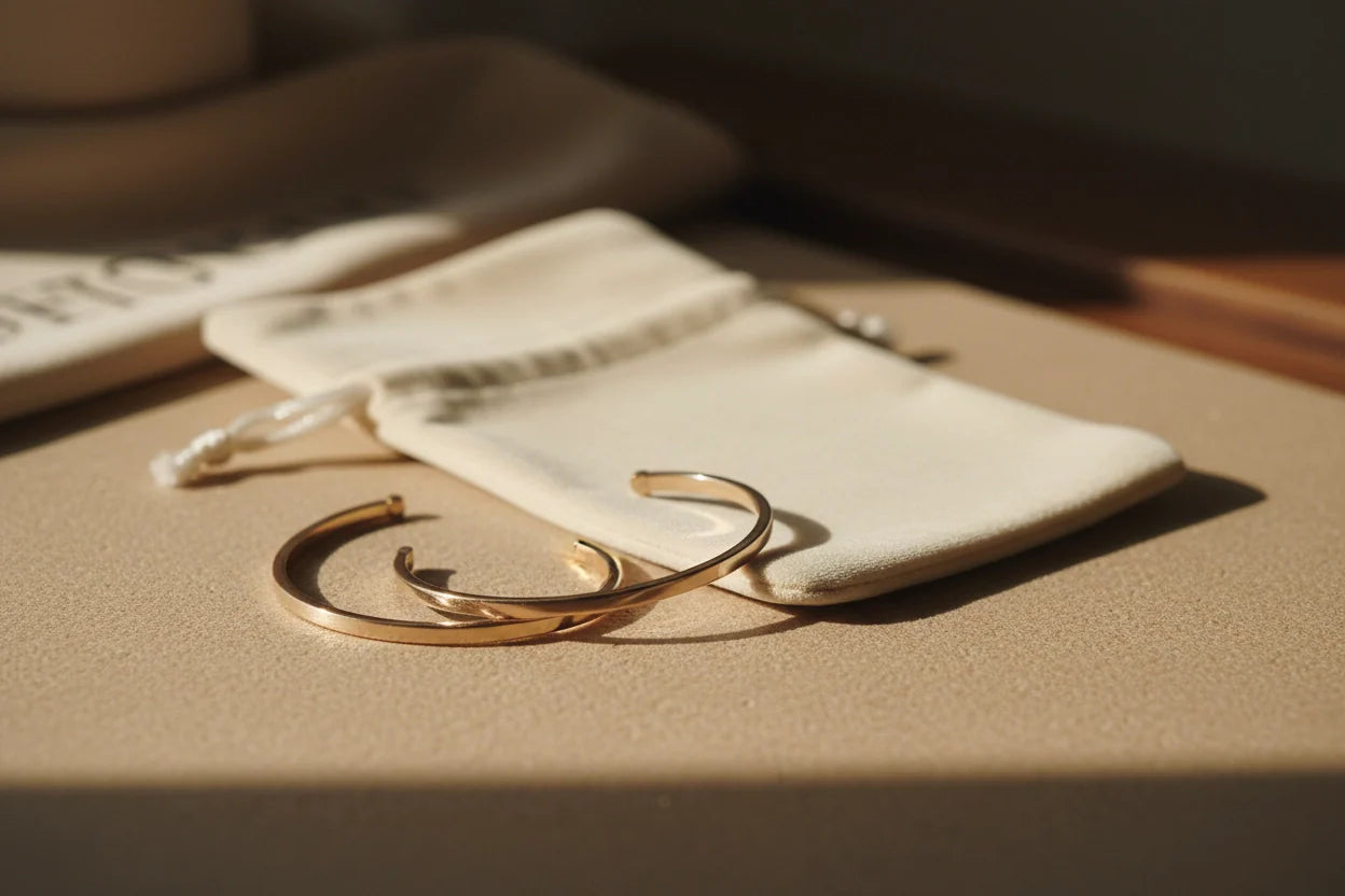 Two minimalist gold cuff bracelets from the Cuff collection resting beside soft cream jewelry pouches in warm natural sunlight on a beige surface | Oria Jewel