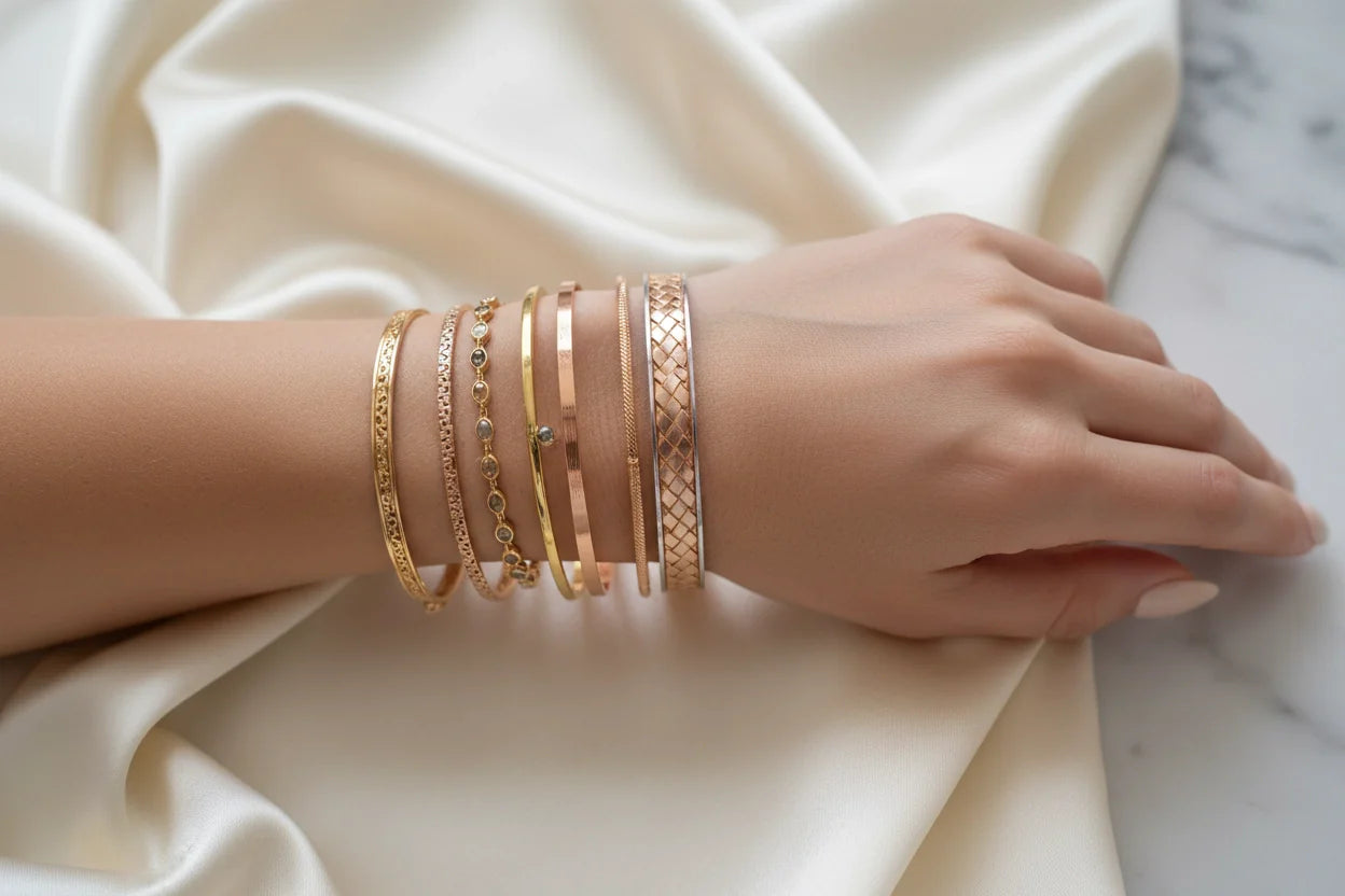 A woman's wrist styled with a layered bangle collection of slim gold and rose gold bracelets, featuring textured, smooth, and stone-accented designs resting on soft ivory satin fabric | Oria Jewel