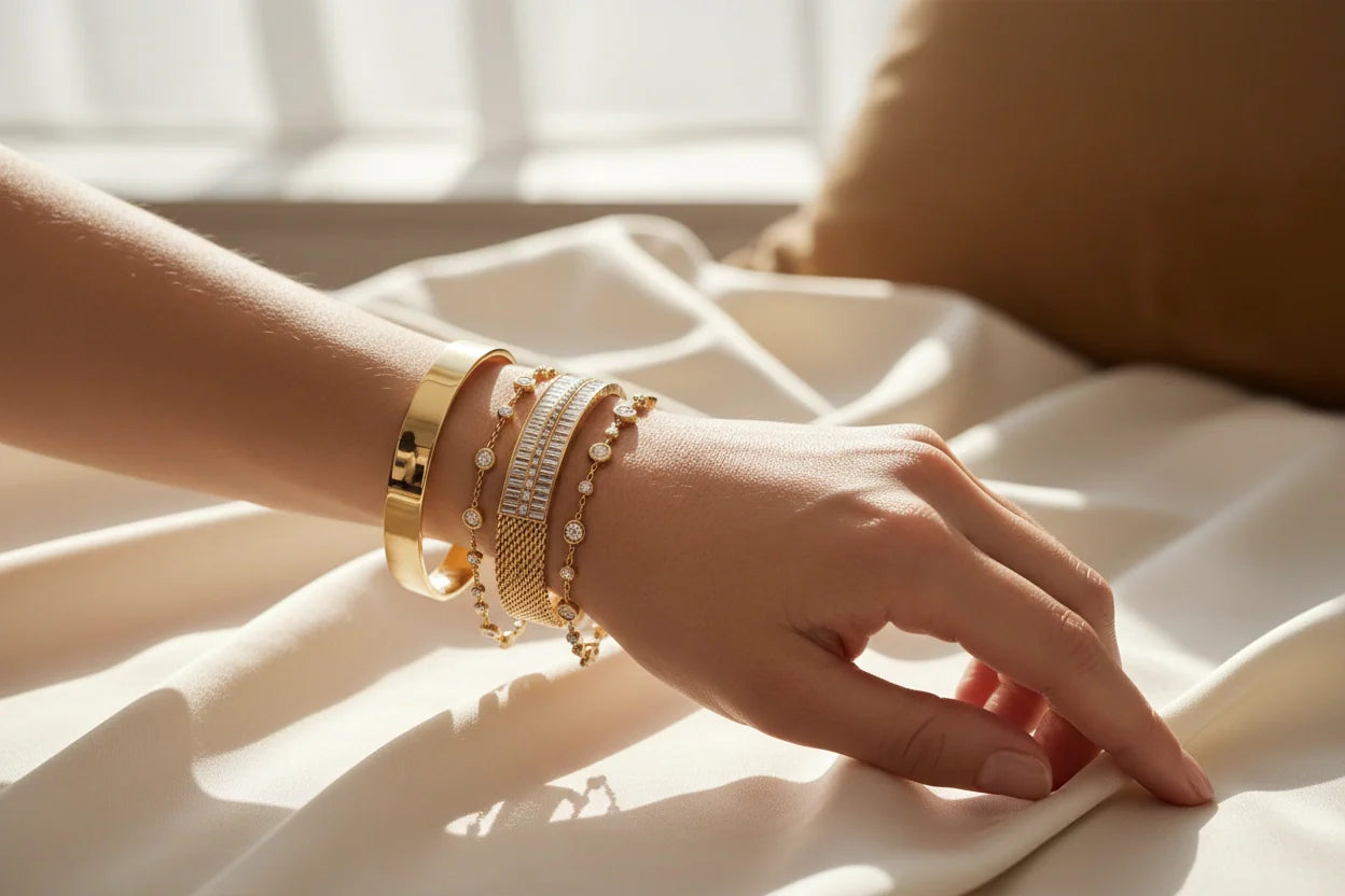 Elegant bracelet collection of stacked gold cuffs and delicate crystal chain bracelets on a woman’s wrist, resting on soft ivory fabric in warm natural sunlight, highlighting the shine and layered luxury style | Oria Jewel