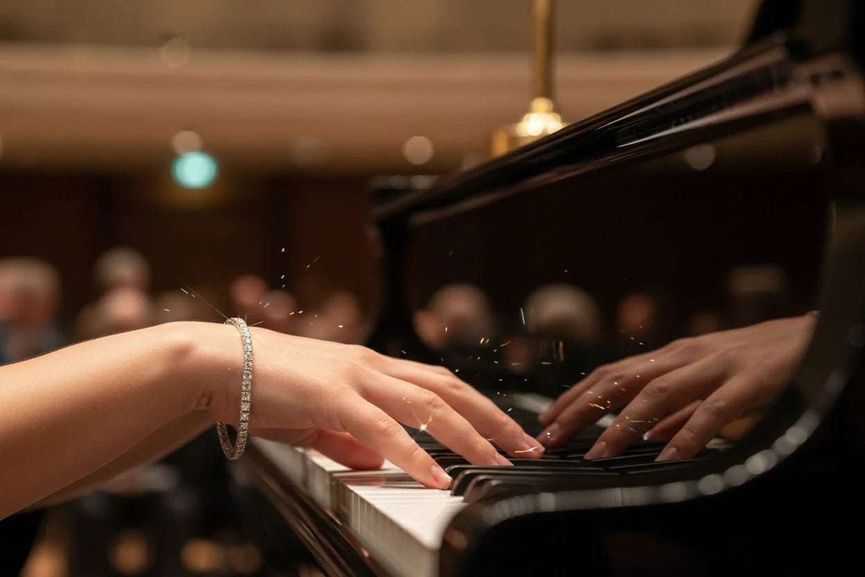 Close-up of a woman playing a grand piano in a dimly lit concert hall, a sparkling diamond tennis bracelet from the Tennis collection catching the warm stage lights on her wrist as her fingers glide over the keys | Oria Jewel