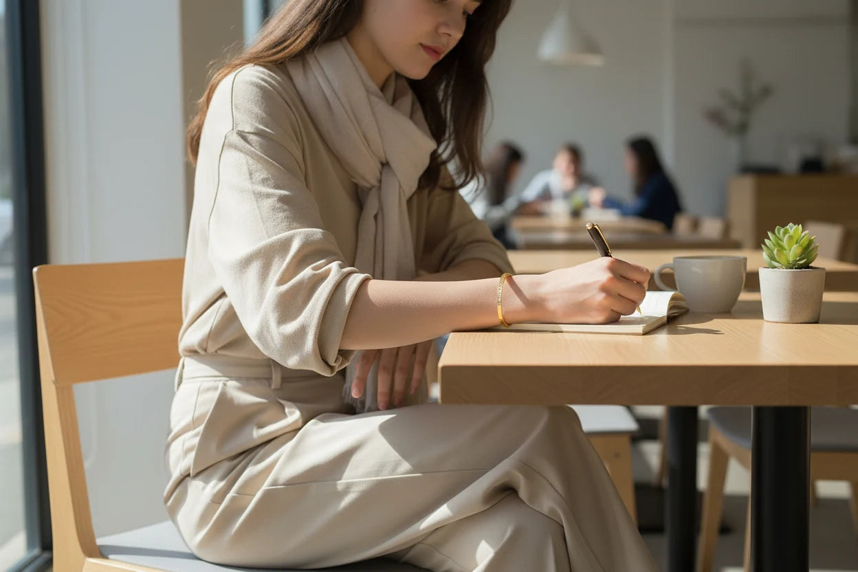 Side view of a woman writing in a café, her neutral-toned outfit accented by a delicate 14k gold hinged bangle bracelet sparkling on her wrist beside a mug and small succulent | Oria Jewel