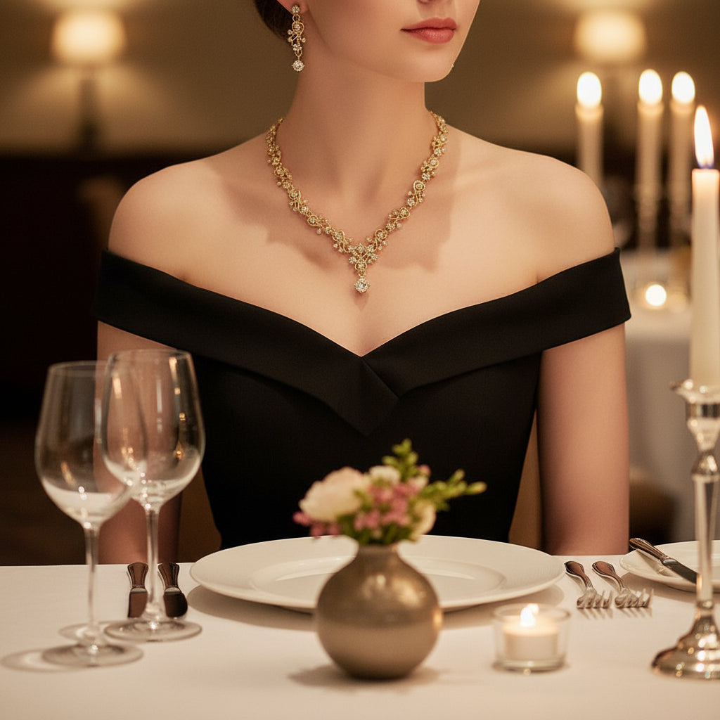 Golden Crystal Set worn by a woman in an elegant black dress at a candlelit dinner table | Oria Jewel