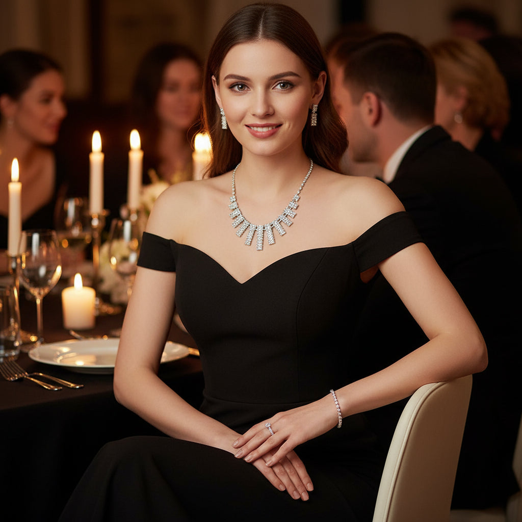 Elegant woman wearing a Rhinestone Jewelry Set at a candlelit dinner table | Oria Jewel