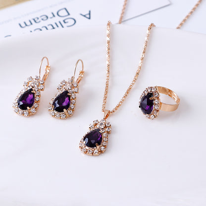 Water Drop Rhinestone Jewelry Set – Necklace, Earrings &amp; Ring - Oria Jewel