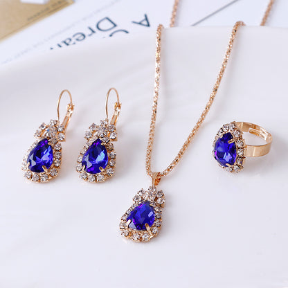 Water Drop Rhinestone Jewelry Set – Necklace, Earrings &amp; Ring - Oria Jewel
