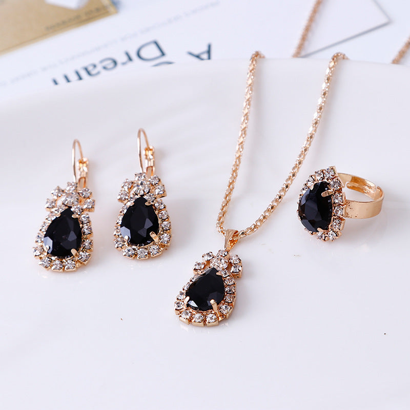 Water Drop Rhinestone Jewelry Set – Necklace, Earrings & Ring - Oria Jewel