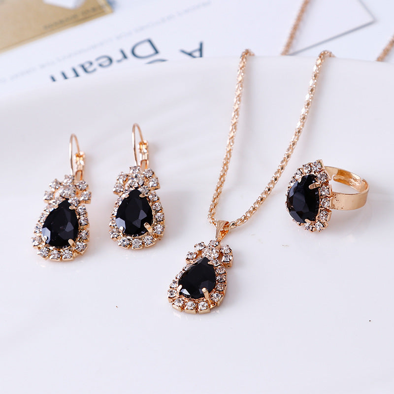 Water Drop Rhinestone Jewelry Set – Necklace, Earrings &amp; Ring - Oria Jewel
