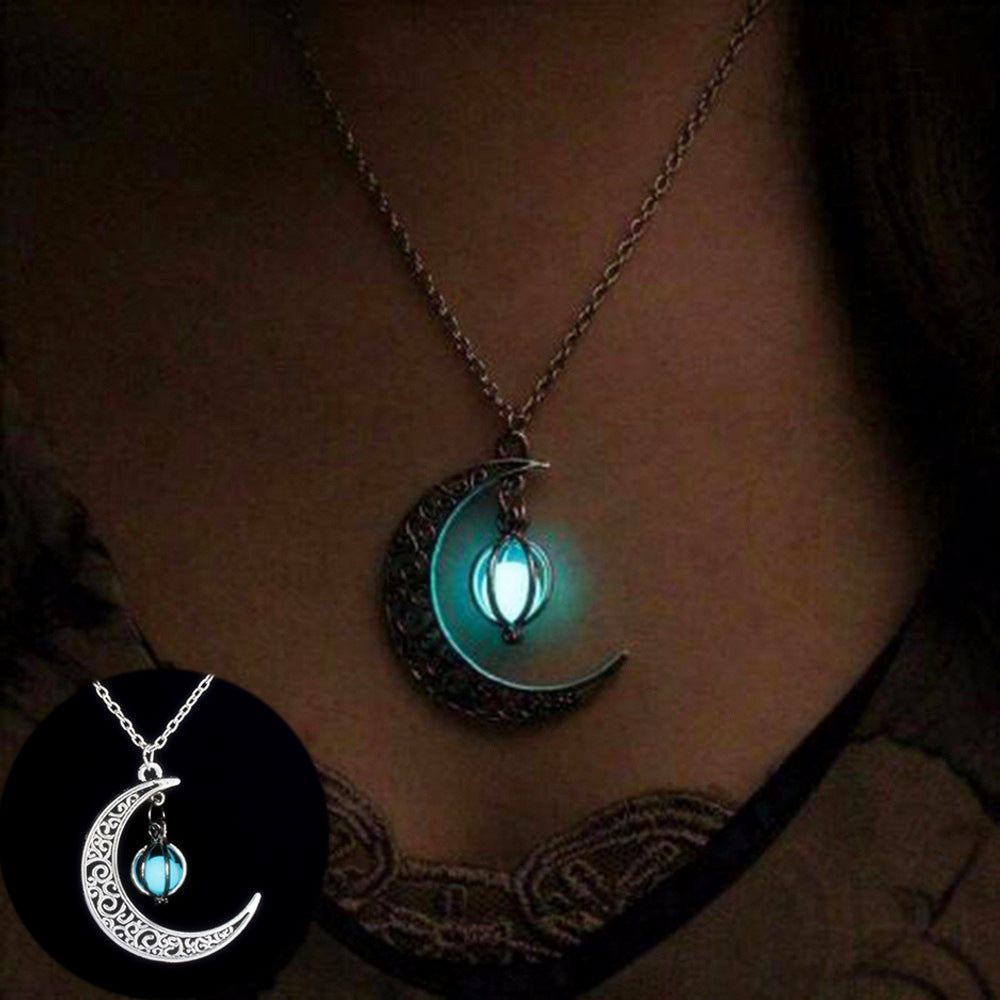 Glowing Moon Necklace Oria Jewel with intricate crescent detail and luminous centerpiece, perfect for night lovers.