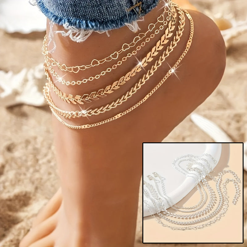 Boho Beach Anklet Set – Heart &amp; Airplane Charms (5PCS) - Oria Jewel