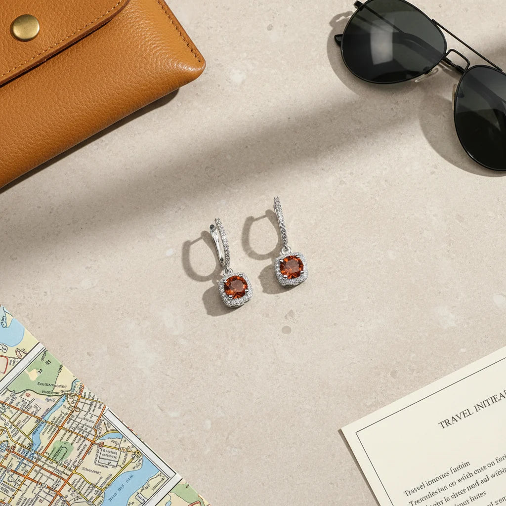 Amber Orange Drop Huggie Earrings flat lay with sunglasses and travel map | OriaJewel