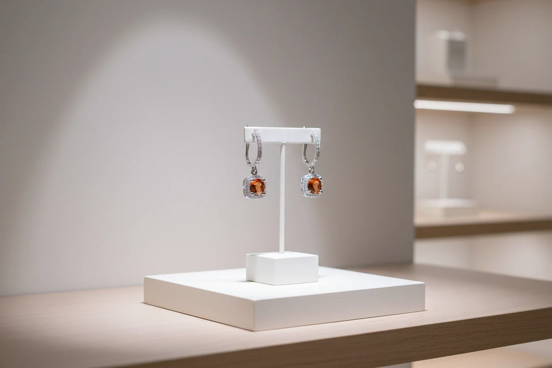 Amber Orange Drop Huggie Earrings on white display stand | OriaJewel