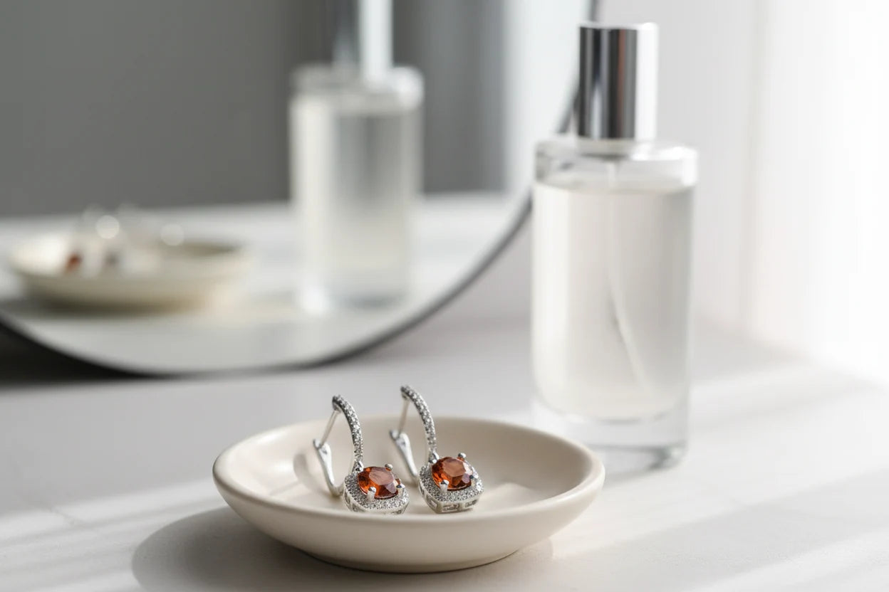 Amber Orange Drop Huggie Earrings in dish with perfume vanity background | OriaJewel