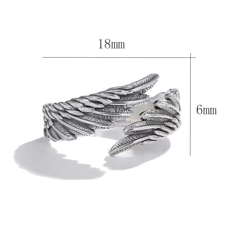 Oxidized silver Angel Bat Wrap Ring with intricate feather details on white | Oria Jewel