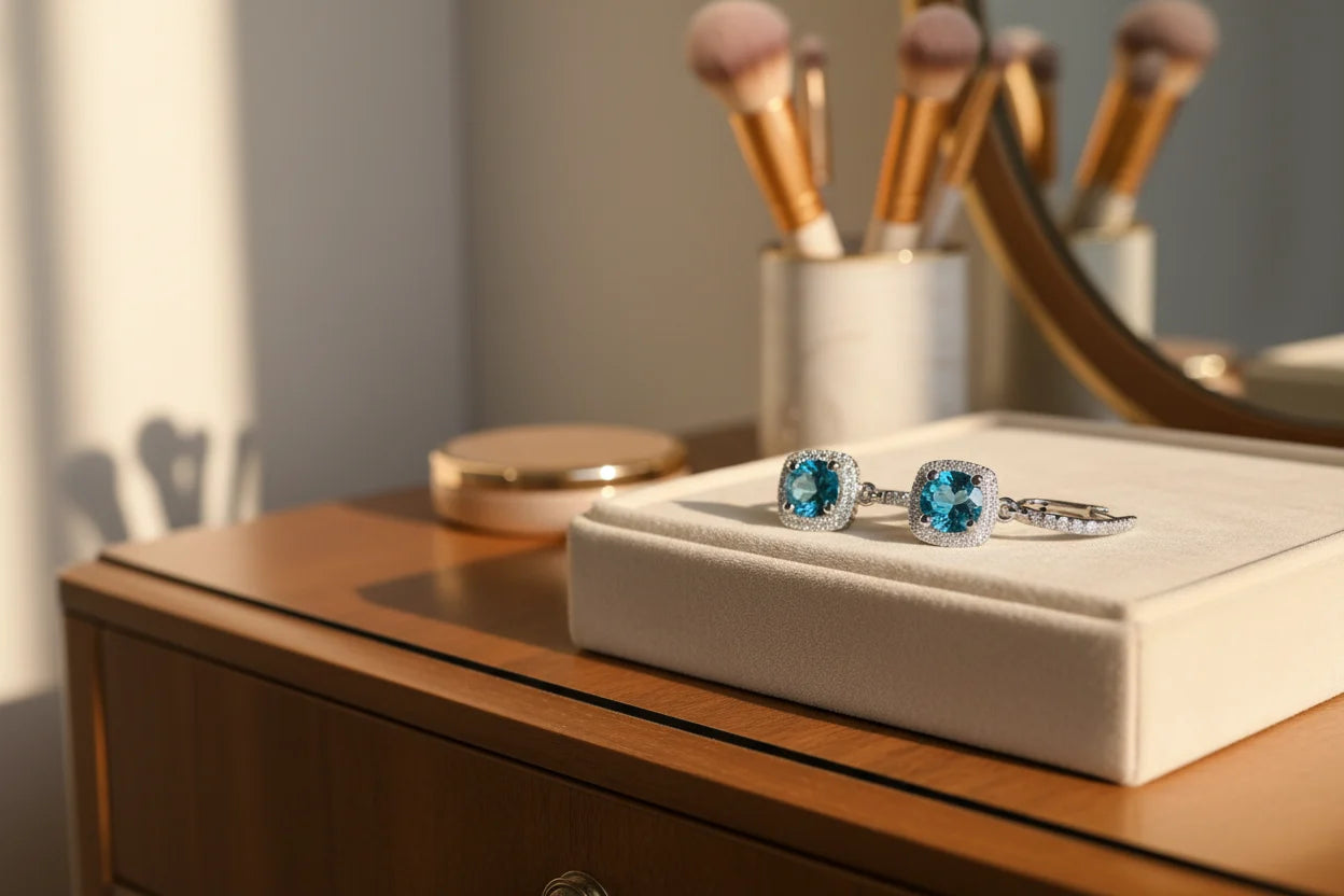 Aqua Blue Drop Huggie Earrings on jewelry box with vanity makeup brushes | OriaJewel