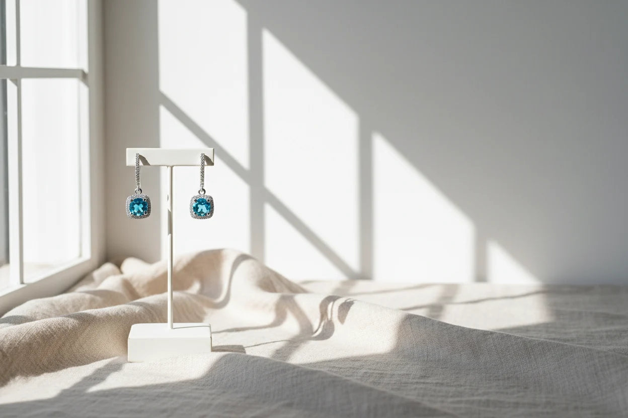 Aqua Blue Drop Huggie Earrings on white stand with soft window-light shadows | OriaJewel