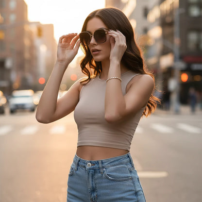 Fashionable woman in a sleeveless crop top and jeans walking through a sunlit city street, the gold Aurelia Cluster Tennis Bracelet sparkling on her wrist for chic casual style | Oria Jewel