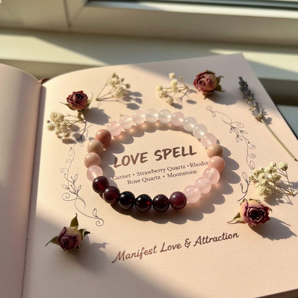Aurora Healing Crystal Bracelet arranged in a circle on an open blush-pink “LOVE SPELL” journal page, surrounded by dried flowers and warm window sunlight, creating a soft romantic aesthetic | Oria Jewel