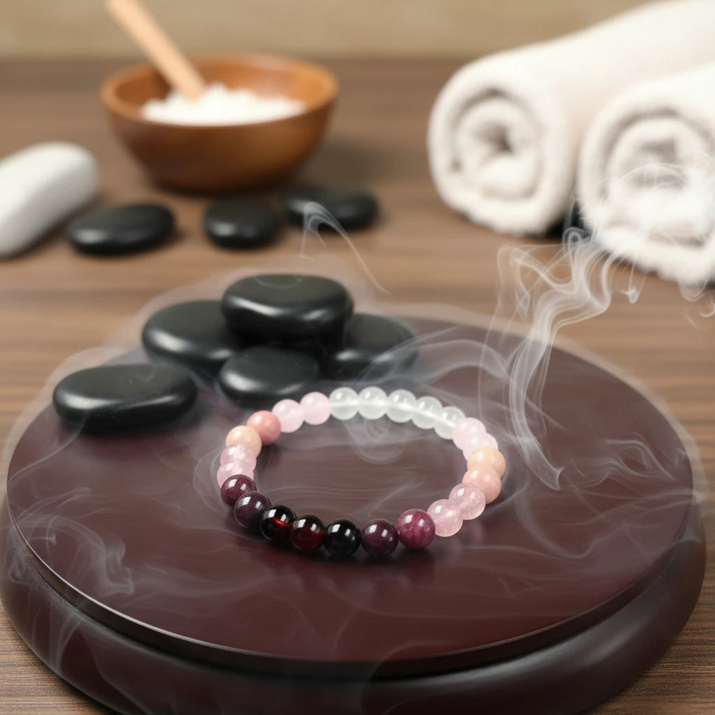 Spa-inspired scene with the Aurora Healing Crystal Bracelet on a wooden tray, surrounded by steam, massage stones, and wellness accessories | Oria Jewel