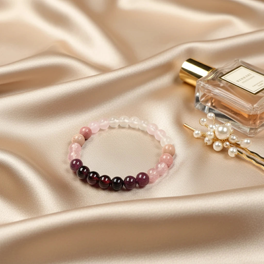Aurora Healing Crystal Bracelet resting on champagne satin next to a perfume bottle and pearl hairpin for an elegant vanity flatlay | Oria Jewel