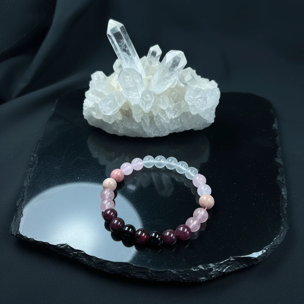 Aurora Healing Crystal Bracelet displayed on a glossy black stone beside a sparkling clear quartz cluster for mystical energy vibes | Oria Jewel
