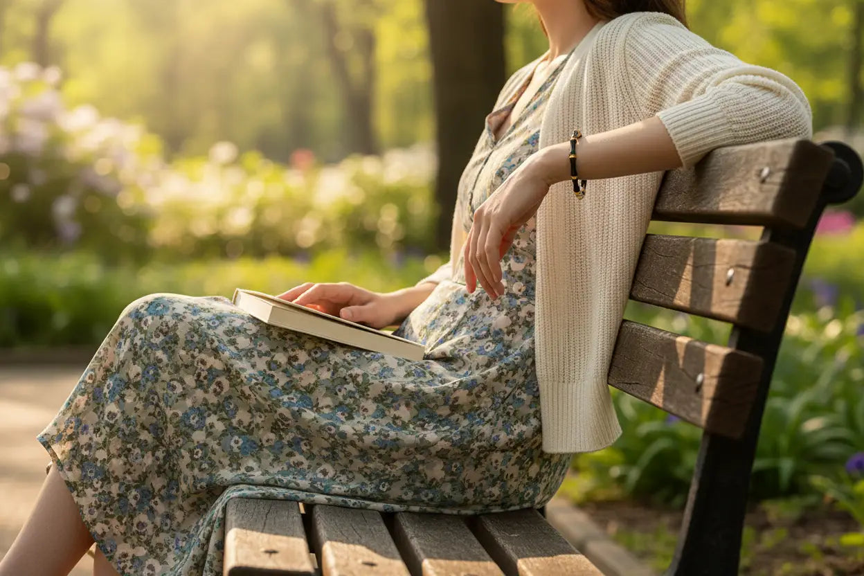 Woman relaxing on a park bench in a floral dress and cardigan, showcasing the Black Bamboo bangle Bracelet catching soft golden afternoon light | Oria Jewel