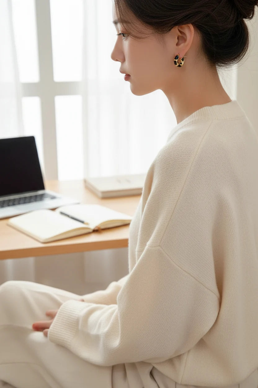 Black Huggie Hoop Earrings worn by model side profile at desk | OriaJewel