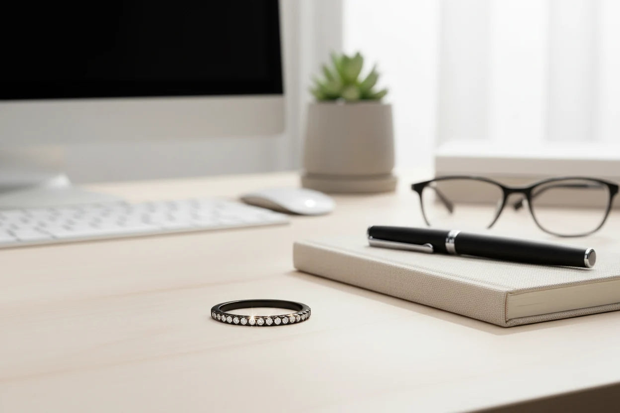 Black Midi Ring Set styled on a minimal workspace, the black stone-set band resting on a light desk near a notebook, pen, and eyeglasses with soft daylight and a modern, clean aesthetic | OriaJewel