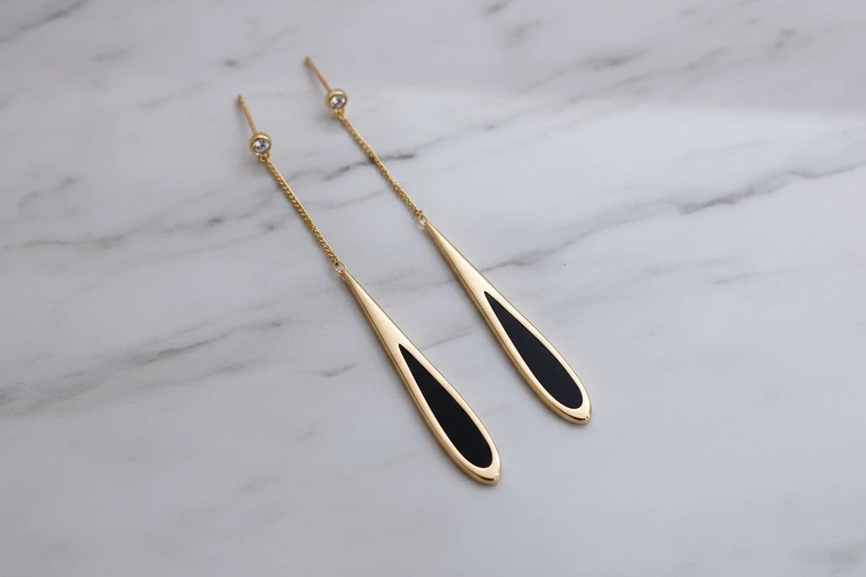 Black Teardrop Chain Drop Earrings macro on linen fabric in sunlight | OriaJewel