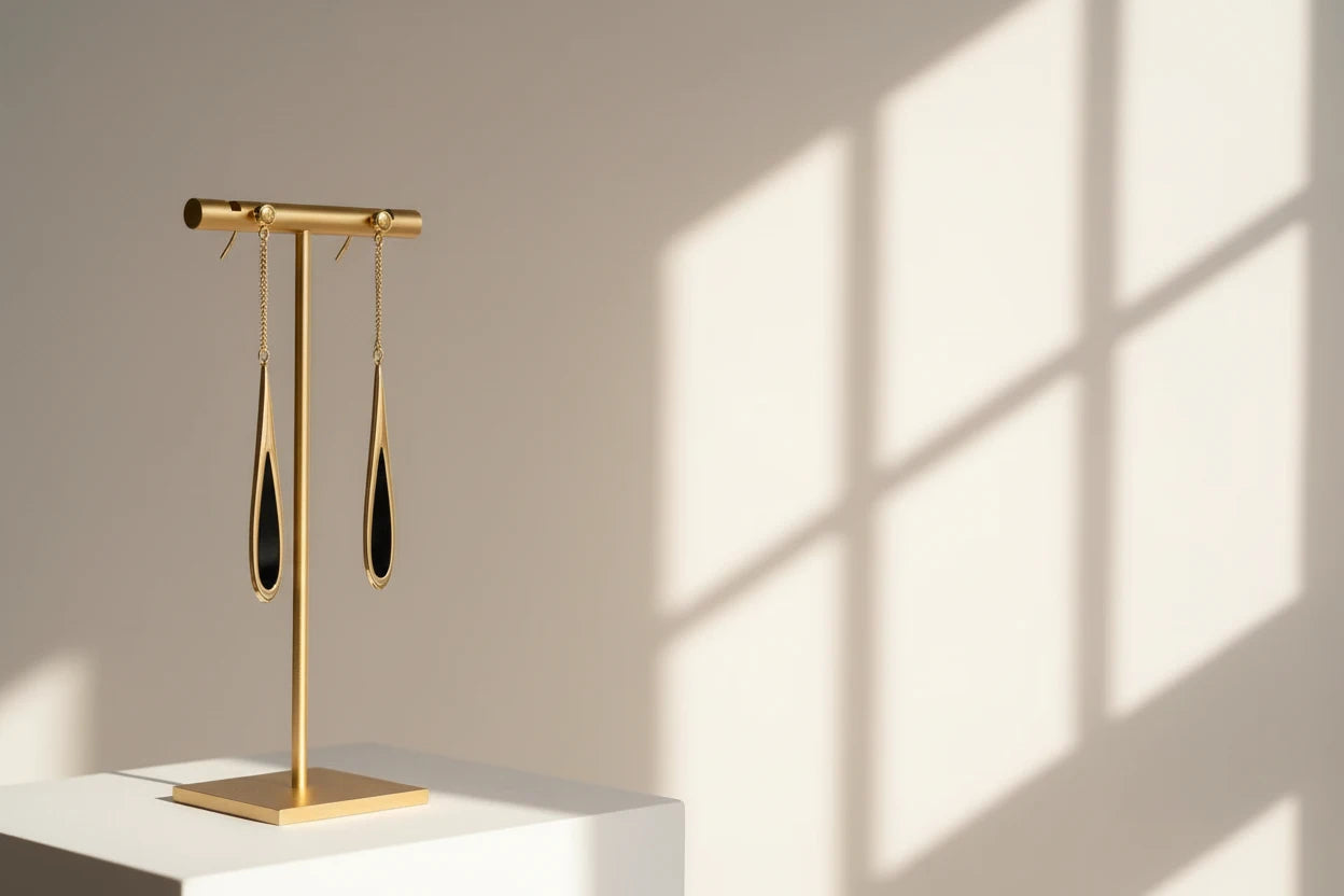 Black Teardrop Chain Drop Earrings on ceramic dish with desk styling | OriaJewel