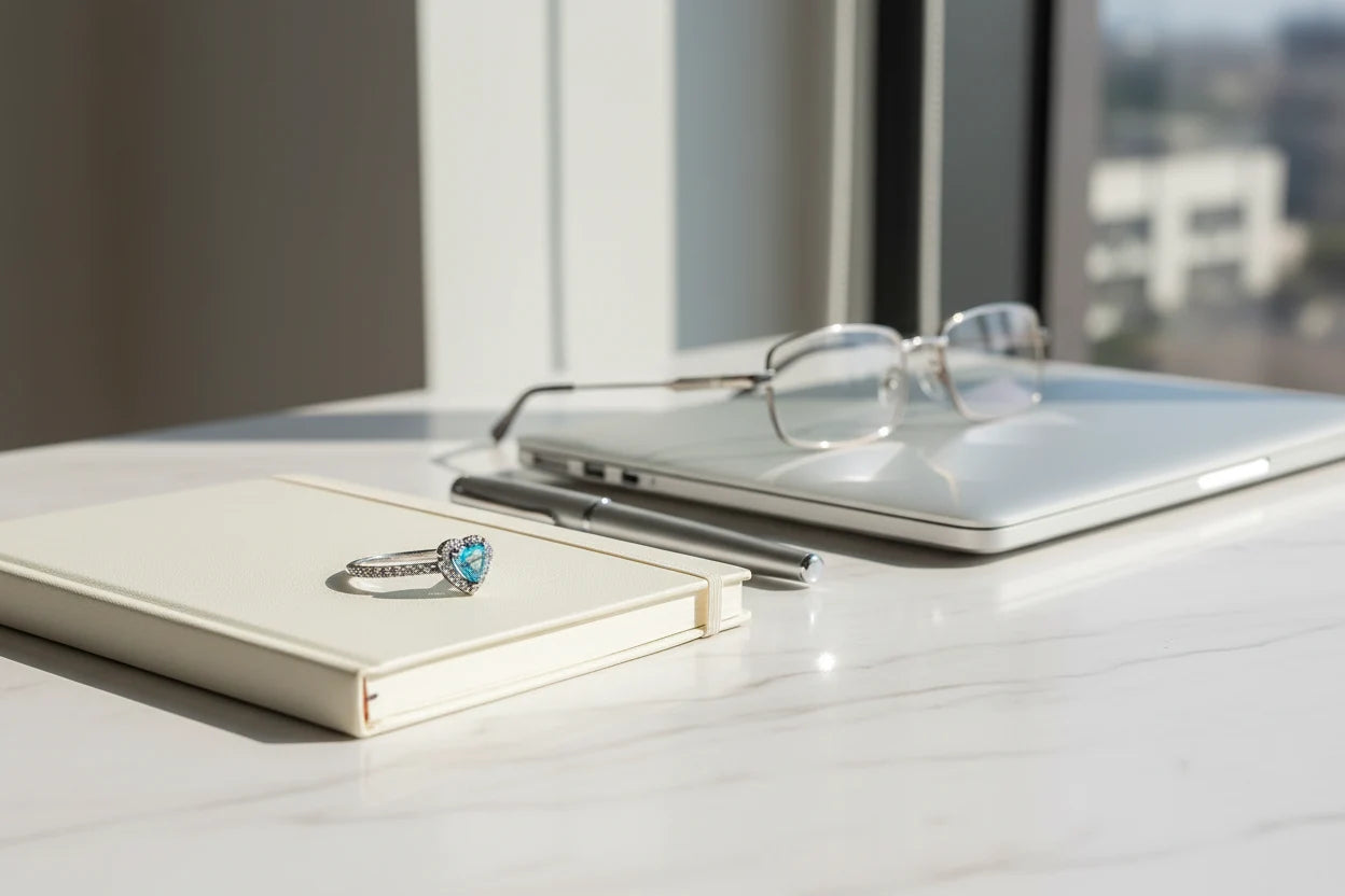 Blue Heart Halo CZ Ring lifestyle desk scene on a notebook beside a pen, laptop, and glasses by a bright window, showing the blue heart halo ring as the focal jewelry detail | OriaJewel