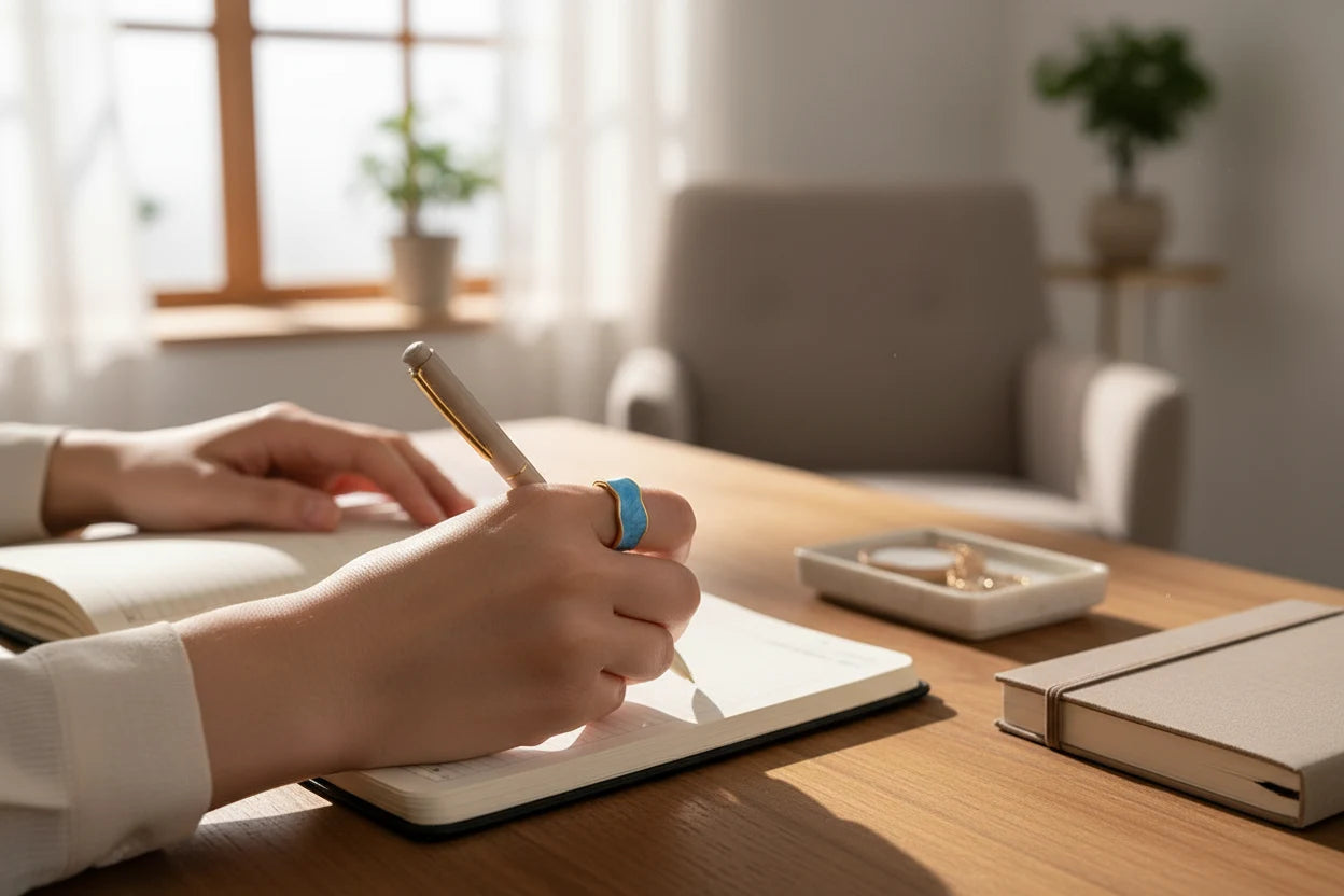 Writing in a notebook with the Blue Marble Open Wave Ring in focus on the pen-holding hand | OriaJewel