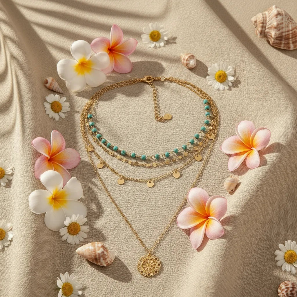 Boho Pendant Necklace Set surrounded by tropical flowers and shells on fabric — summery bohemian vibe | Oria Jewel
