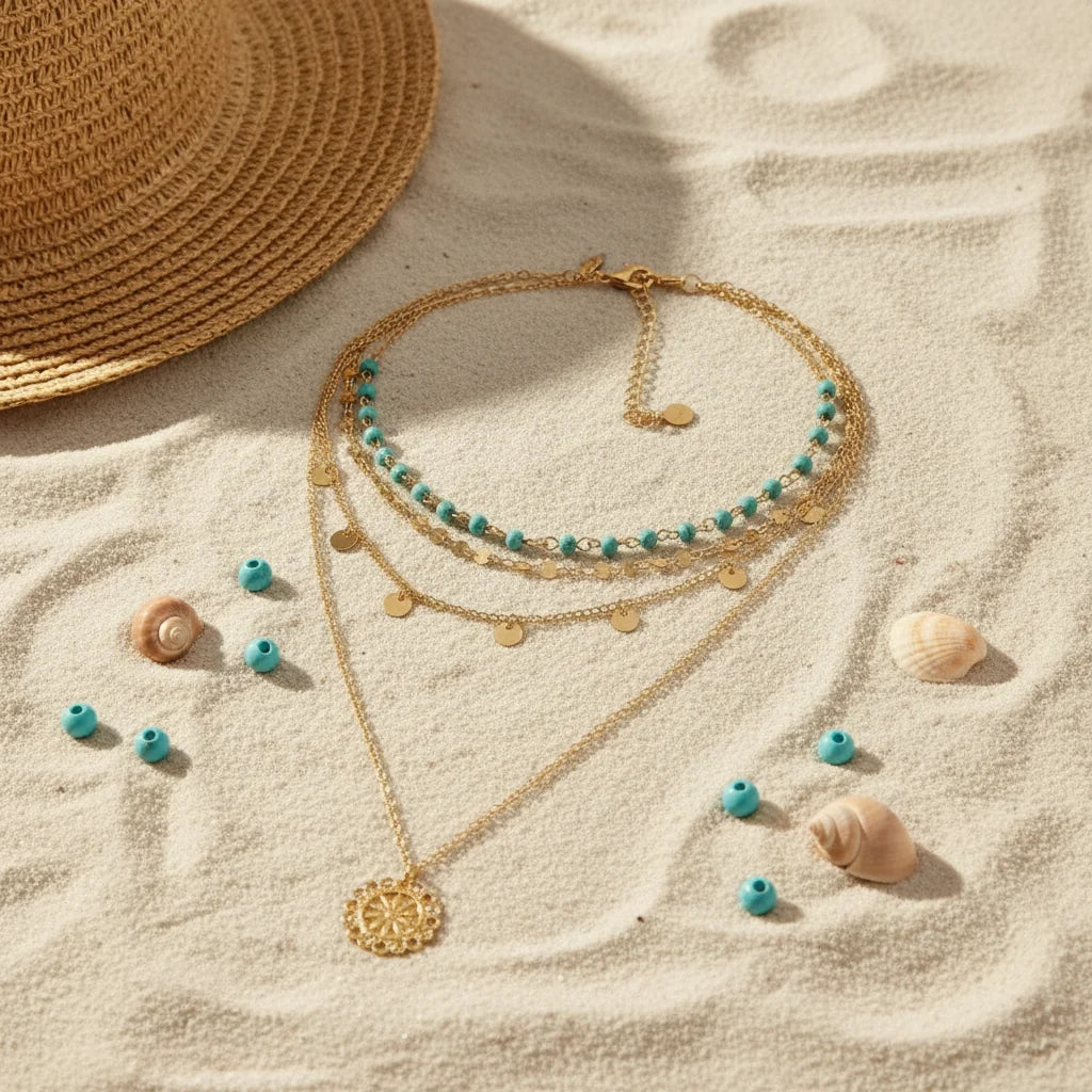 Boho Pendant Necklace Set on sand with seashells and turquoise beads — beach-inspired boho style | Oria Jewel