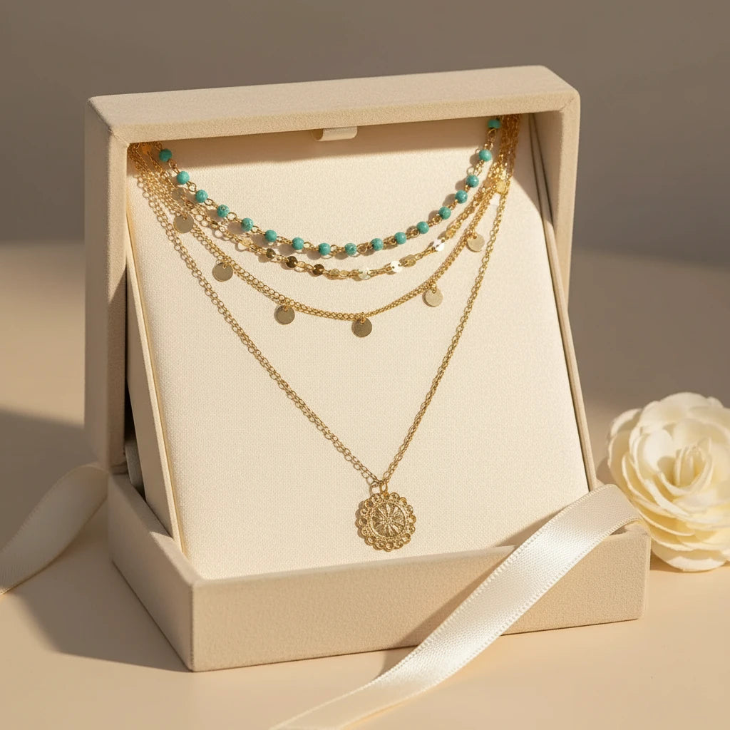 Boho Pendant Necklace Set placed in a beige jewelry box with ribbon and white flower — perfect gift idea | Oria Jewel