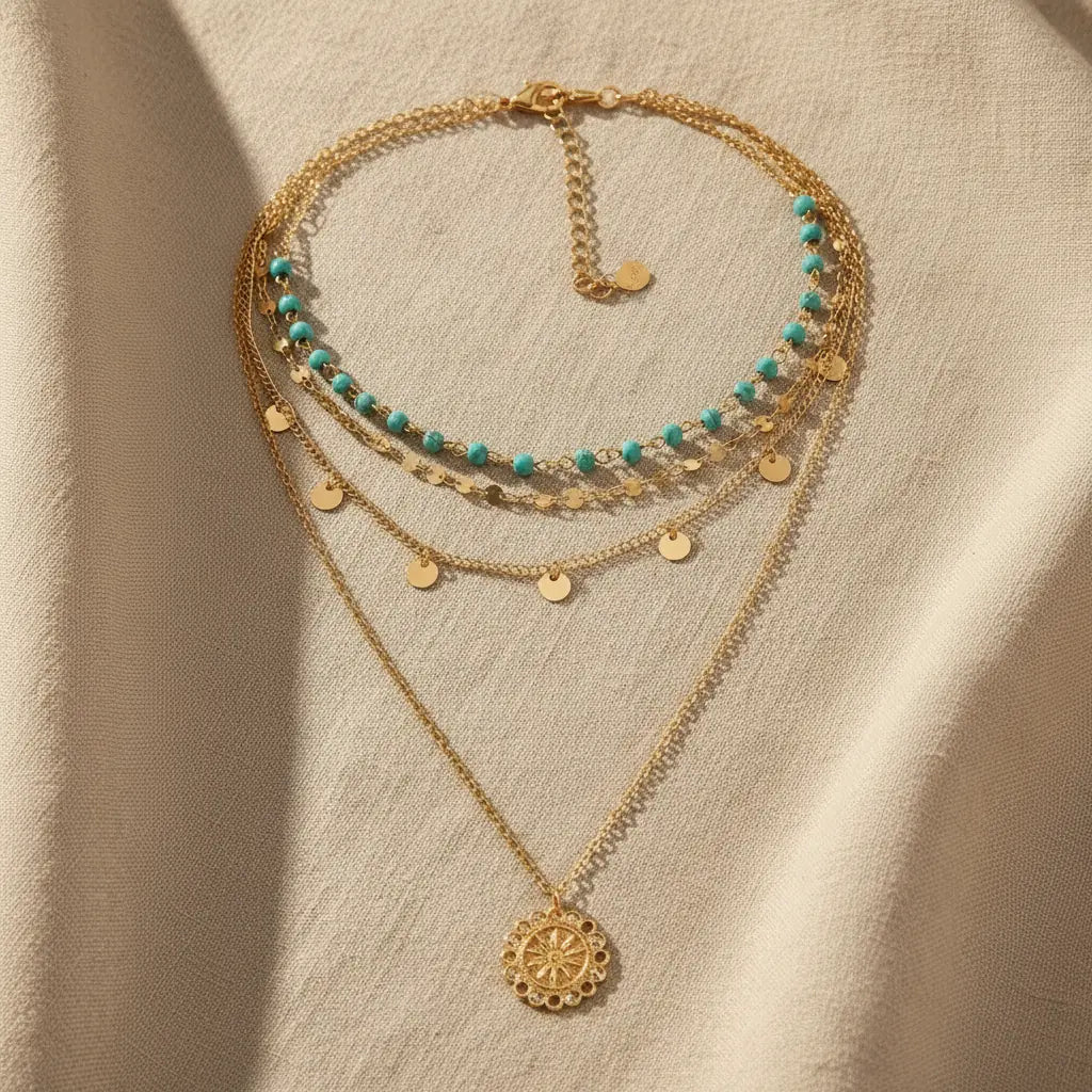 Flat-lay of Boho Pendant Necklace Set on beige fabric — layered gold chains with turquoise accents | Oria Jewel