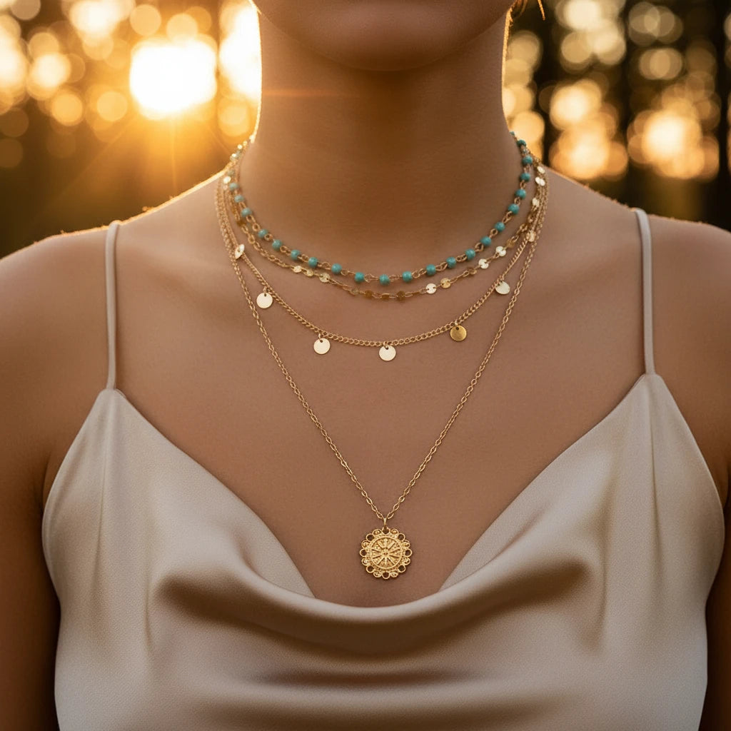 Model wearing Boho Pendant Necklace Set with a silk top in warm evening light — elegant layered boho look | Oria Jewel