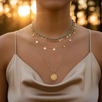 Model wearing Boho Pendant Necklace Set with a silk top in warm evening light — elegant layered boho look | Oria Jewel