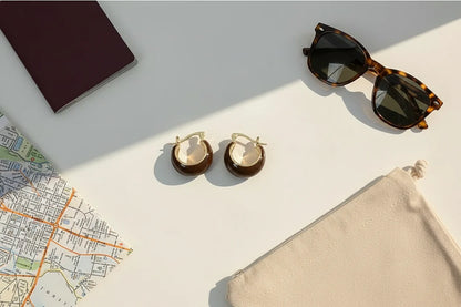 Brown Resin Huggie Hoop Earrings flat lay with passport, map, sunglasses, and pouch | OriaJewel