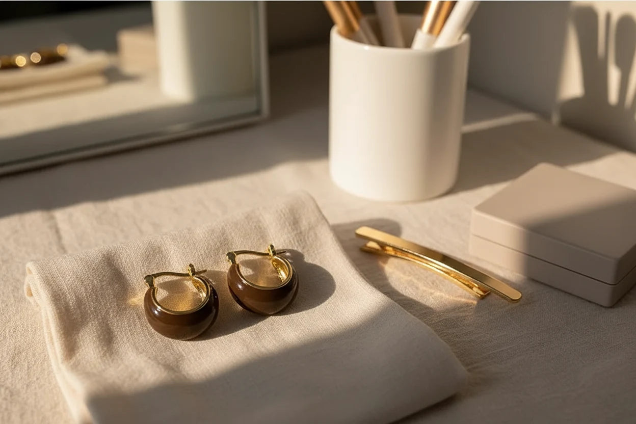 Brown Resin Huggie Hoop Earrings on fabric by vanity mirror and makeup brushes | OriaJewel