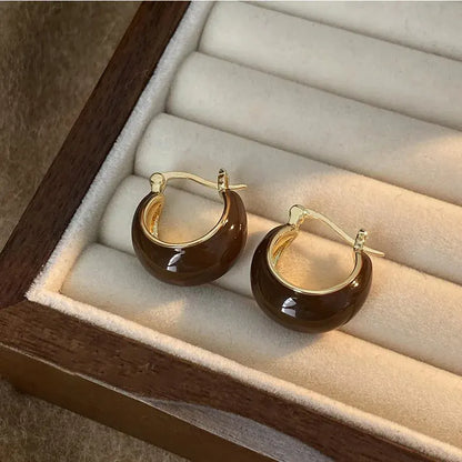 Brown Resin Huggie Hoop Earrings in jewelry tray box close-up | OriaJewel