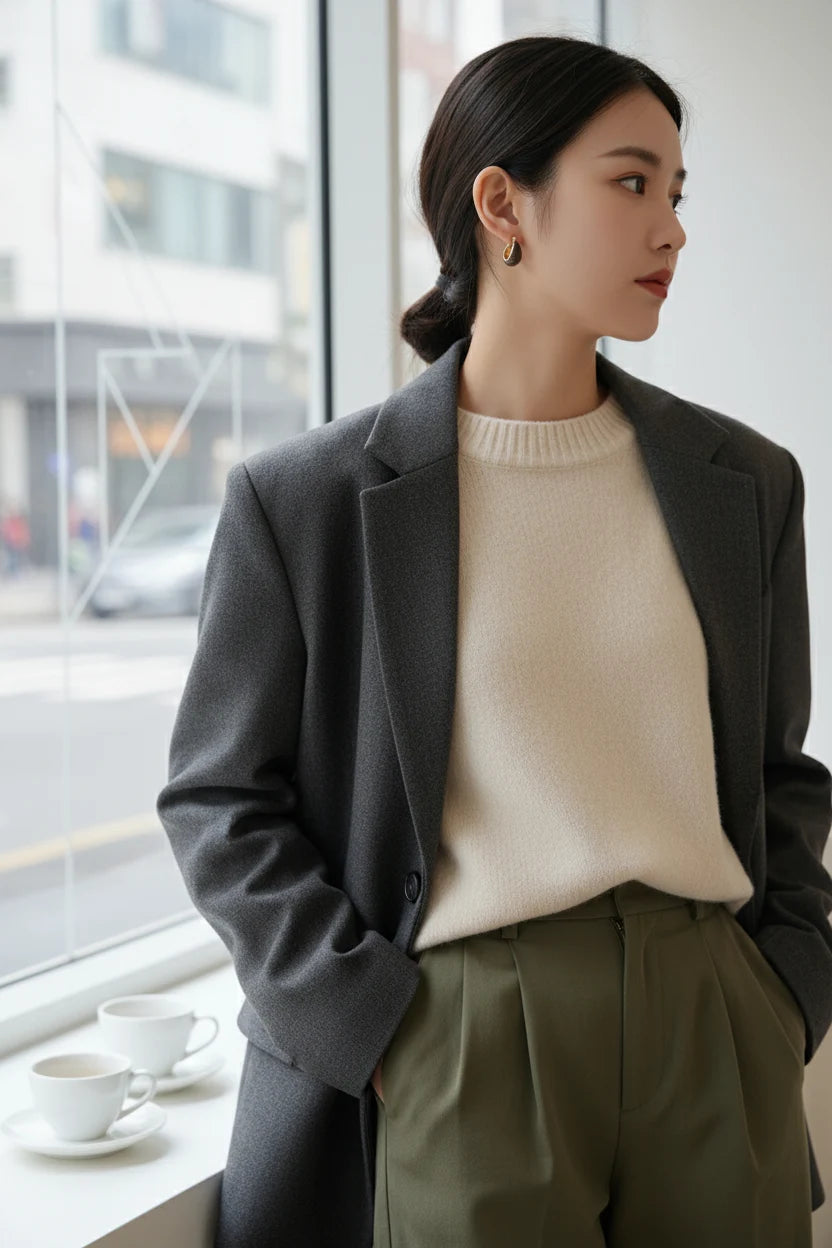Brown Resin Huggie Hoop Earrings worn by model in cozy cafe setting | OriaJewel