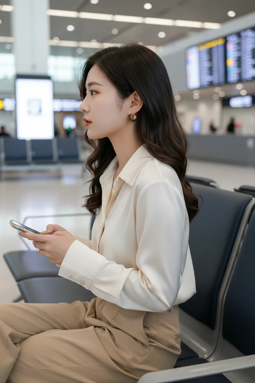 Brown Resin Huggie Hoop Earrings worn by model at airport lounge | OriaJewel